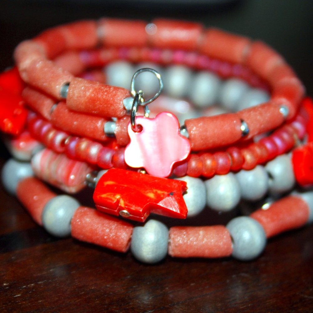Orange and Gray Animal Heishi Beaded Wrist Wrap Memory Wire Cuff Bracelet